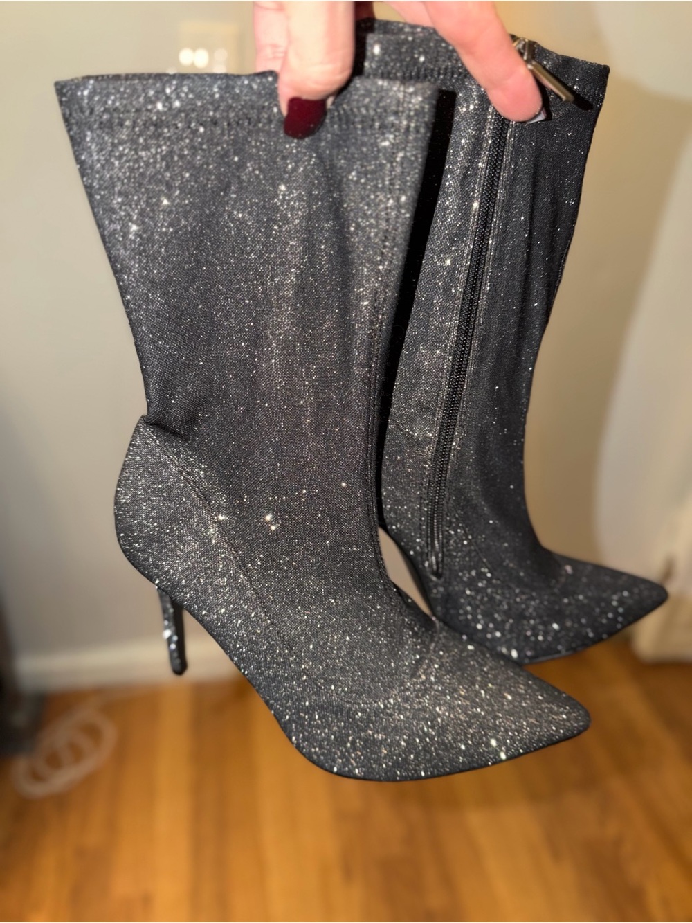 Women's Black Glitter Pointed-Toe Mid-Calf Sock Boots